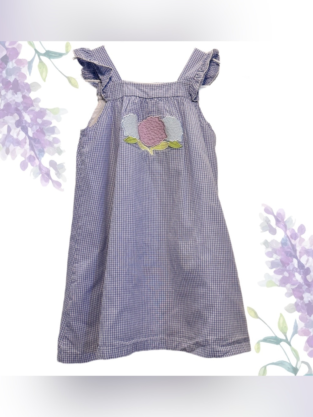 Stitchy Fish Girls Blue Gingham Hydrangea Applique Dress Ruffle Sleeve Size 4